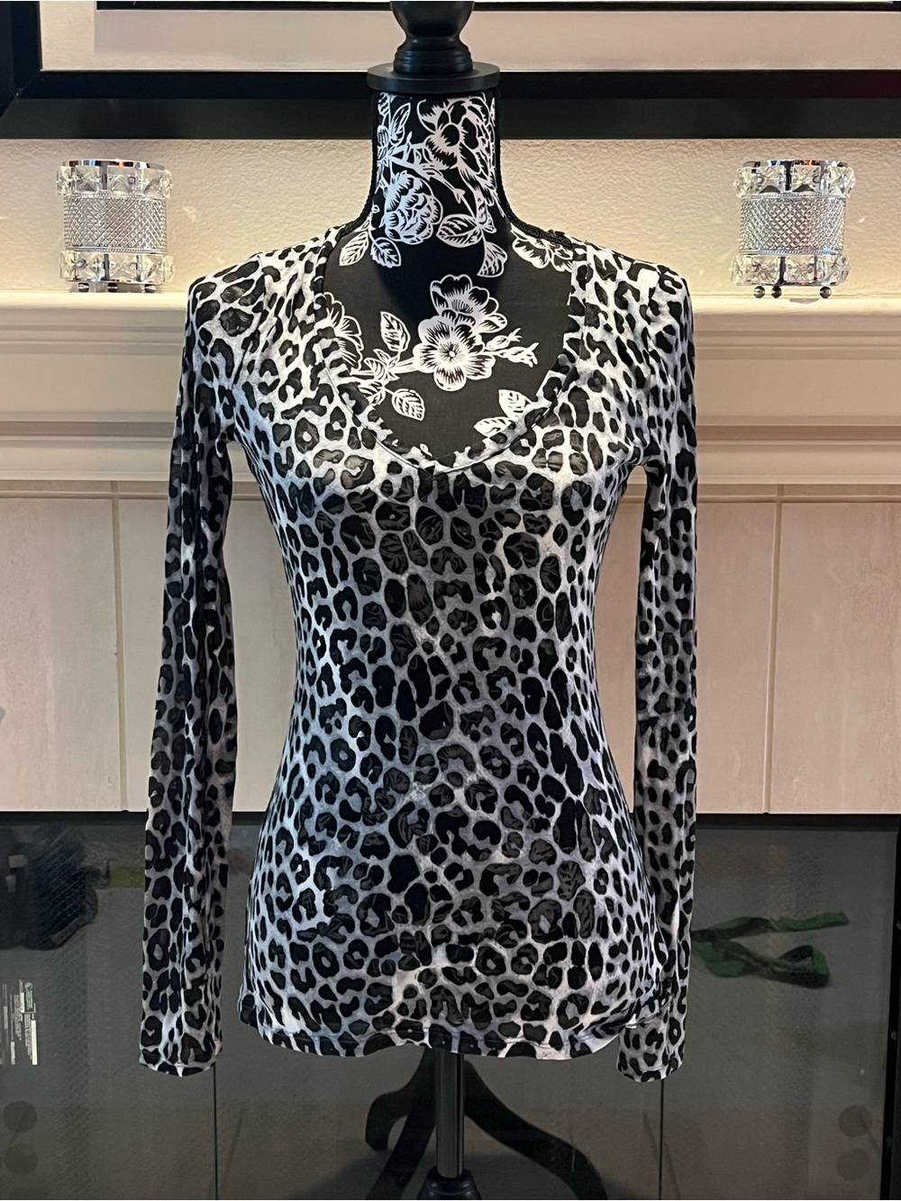 Express Animal Print Burnout Fitted Long Sleeve Top,